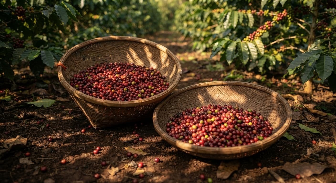 Woven baskets filled with freshly picked red coffee cherries