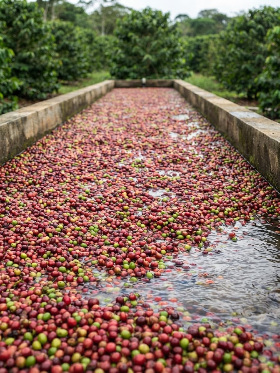 Freshly harvested coffee cherries being sorted in a water channel at origin