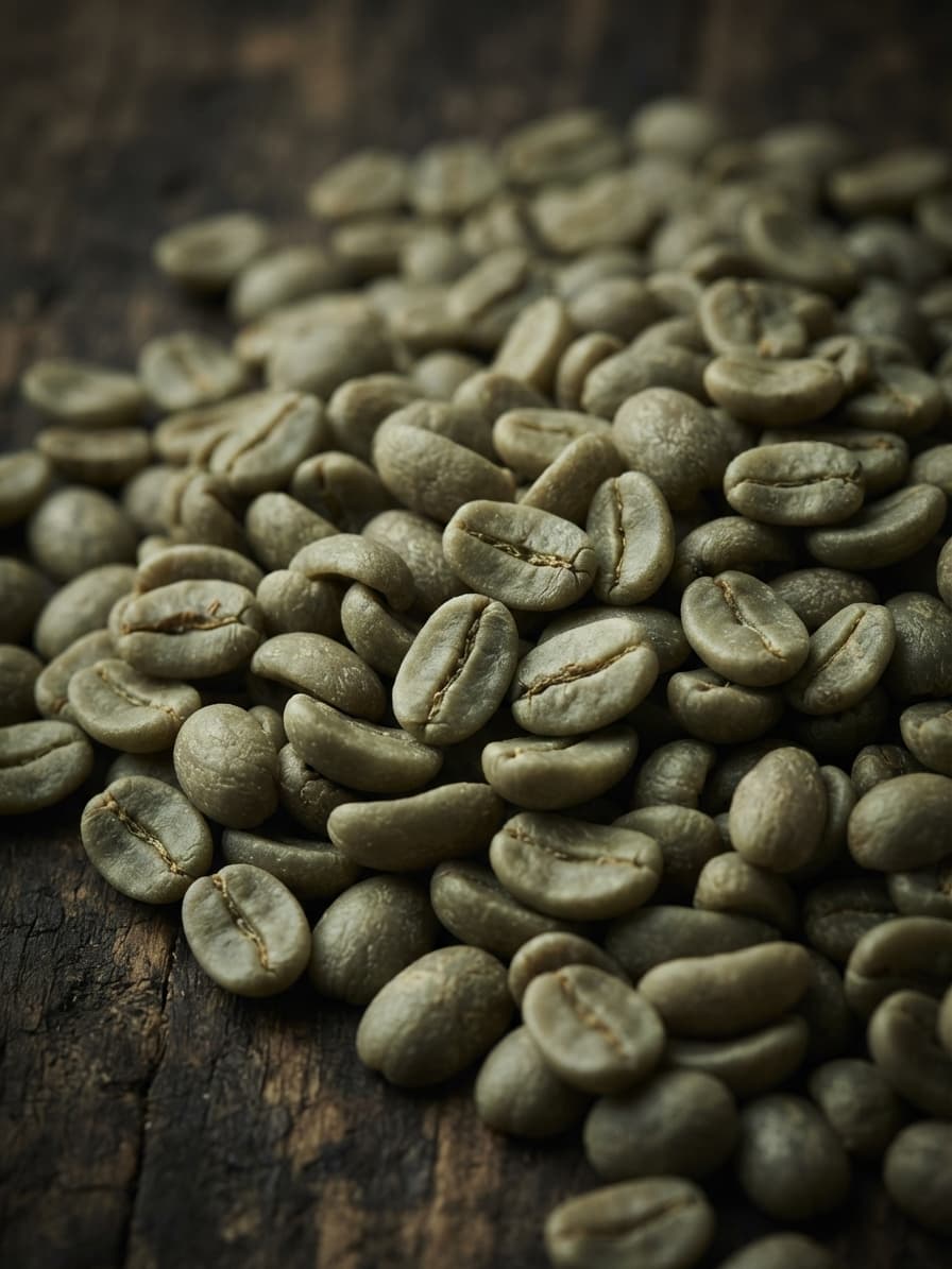 Unroasted green coffee beans spread across a dark wooden surface