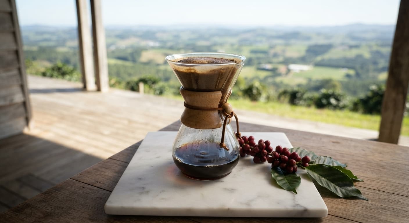 Pour-over coffee brewing beside ripe cherries with a hillside beyond